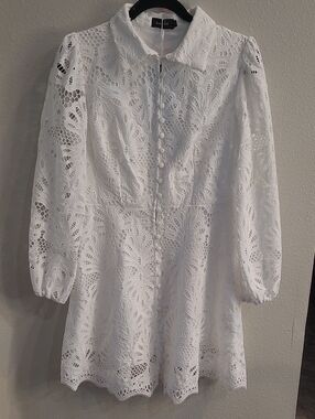 Emma Way White Lace Button-Front Cottage Core Mini Dress Size 6